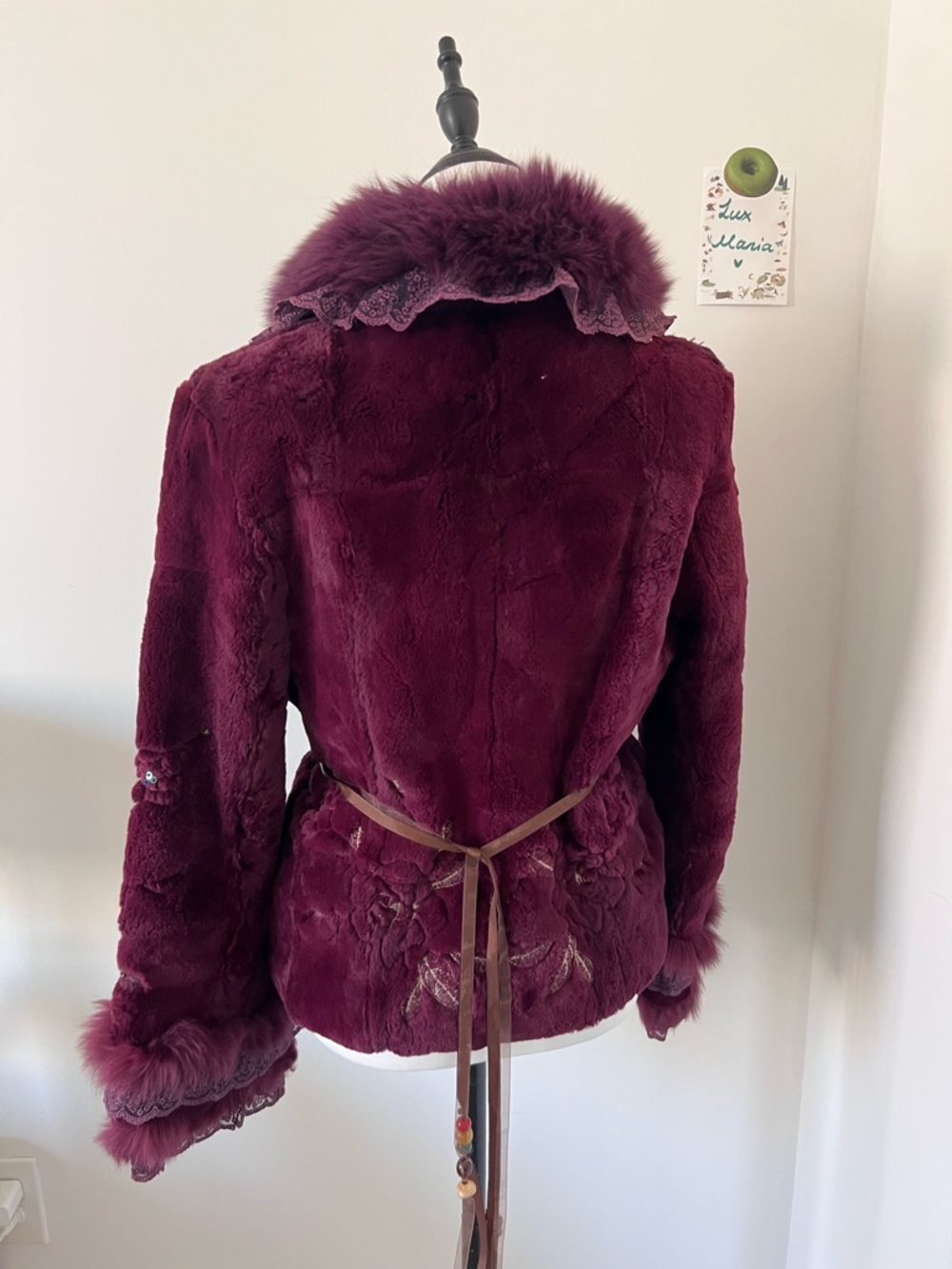 Vintage Purple Real Rabbit Fur Jacket w Fox Collar & Rose Belt Embroidered M - Picture 6 of 14